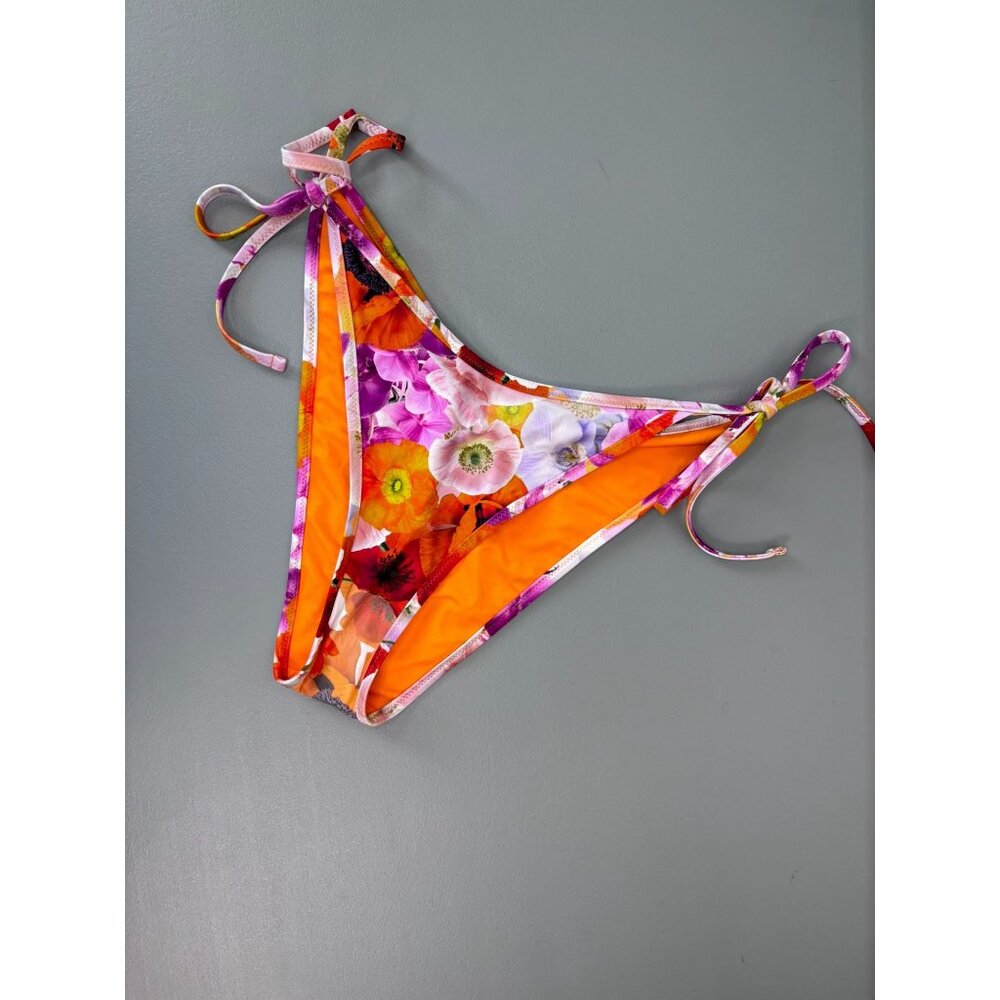 Aerie women's small orange floral cheekiest bikini bottoms side tie swimwear